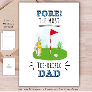 Cartão de Dia dos Pais ou de Aniversário Tee-rific Dad | Cartão de Dia dos Pais com Golfe para Imprimir | Cartão de Golfe Engraçado para o Pai | Cartão de Saudações para Download Instantâneo