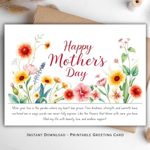Biglietto sentimentale per la mamma / Biglietto per la festa della mamma / Biglietto stampabile per la mamma / Biglietto di auguri floreale con messaggio sentito / Biglietti digitali per la mamma