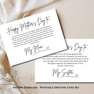 Pacchetto di biglietti per la festa della mamma per mamma e sorella, biglietti stampabili per mamma e sorella, download digitale, regalo sentimentale e divertente per la festa della mamma