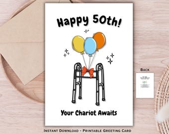 Funny 50th Birthday Card: Chariot Walker, Over the Hill Joke (Digital Download, 8.5x11 inches)