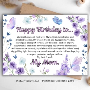 Mama alles Gute zum Geburtstag Karte, Sentimentale & Lustiges Mama Geburtstagsgeschenk, Lila Blumen Schmetterling druckbare Grußkarte für Mutter, Instant Download