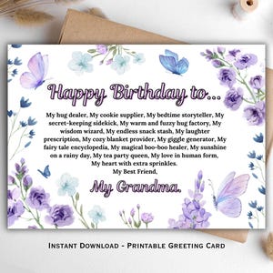 Cartão de feliz aniversário para avó, cartão de aniversário floral e borboleta, download instantâneo, presente fofo para avó, mensagem de aniversário doce, aniversário da avó