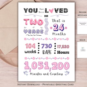 2nd Birthday Card for Baby Girl | You Have Been Loved for 2 Years | Cute Printable Milestone Card | Cute Girl Pink Purple Birthday Card