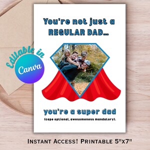 Modelo de cartão com foto de superpai editável no Canva | Cartão de Dia dos Pais para imprimir para ele | Cartão engraçado de pai herói | Presente para download instantâneo