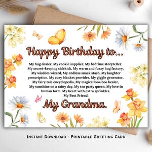 Carte de joyeux anniversaire grand-mère, cadeau d'anniversaire floral et papillon imprimable, carte d'anniversaire numérique grand-mère, message d'anniversaire sentimental