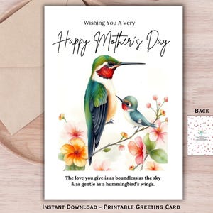 Muttertag Digital Download Karte | Kolibri druckbare Grußkarte | Muttertagsgeschenk für Mama, Oma | Aquarell Blumenvogel Karte