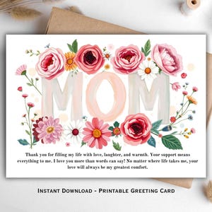 Tarjeta de felicitación floral imprimible para mamá, tarjeta digital para el Día de la Madre, tarjeta de agradecimiento para mamá, tarjeta de cumpleaños para mamá, tarjeta floral de acuarela