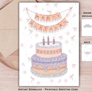 Jolie fille pastel joyeux anniversaire carte imprimable, carte numérique pour les filles, cartes d'anniversaire numériques de fille, anniversaire de princesse rose et violet