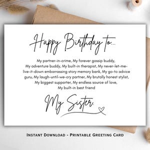 Cartão de aniversário para irmã, cartão de aniversário sentimental para impressão para irmã, presente de aniversário engraçado e sincero para irmã, download instantâneo