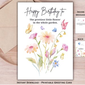 Cartão de aniversário floral para meninas, flores e borboletas, presente para filha, neta ou sobrinha, cartões digitais fofos para aniversário de menina