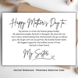 Cartão de Dia das Mães para Irmã Download Digital, Presente de Dia das Mães para Imprimir para Irmã, Cartão de Dia das Mães Engraçado e Sentimental
