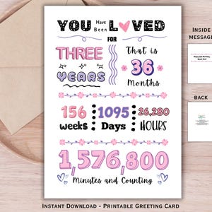 3e verjaardagskaart voor babymeisje | Al 3 jaar geliefd | Leuke afdrukbare mijlpaalkaart | Roze paarse verjaardagskaart voor schattig meisje