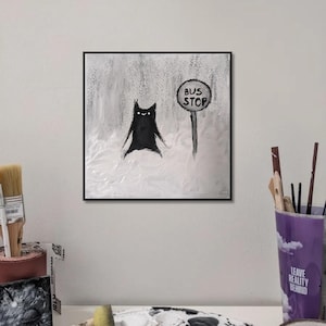 Painting pet loss grief heaven pet memorial gift unique wall decor modern minimalistic abstract monochrome sweet black cat comfort cute sad