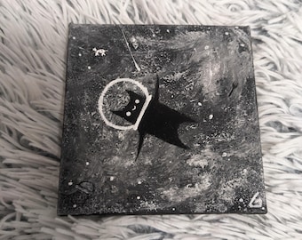 Astronaut Cat Space Art Print — Monochrome Galaxy Wall Decor Digital Download