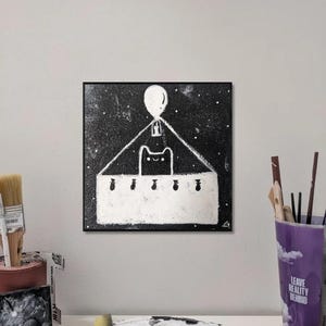 Cute space adventure kitty painting handmade kid cartoon digital printable collectible gift wall decor monochrome cat modern hot air balloon