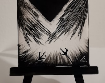 Très petite peinture acrylique en noir et blanc avec le titre : Birdy