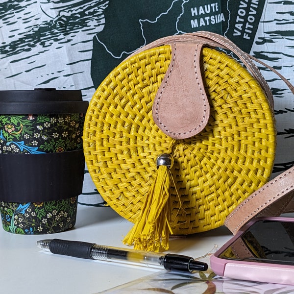 Handwoven Yellow Round Raffia Bag with Leather Strap