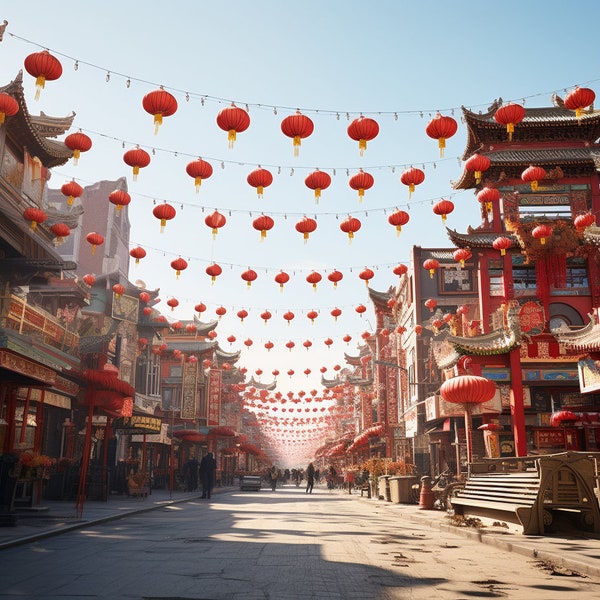 Oriental Chinese New Year, Digital Backdrop for Photographers and Graphic Designers, Red Lanterns Street Scene