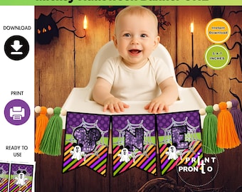 Banner de Halloween de Mickey (UNO), Primer cumpleaños de Mickey, Banner de Halloween no tan aterrador, Banner para trona, Descarga digital, Halloween Disney 0018