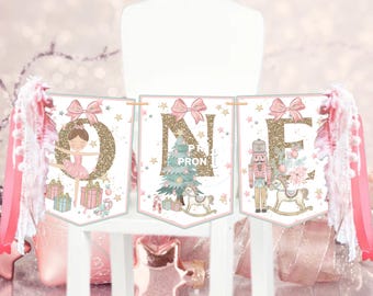Nutcracker High Chair Banner, Light Brown Hair Ballerina, Pink Christmas 1st Birthday (Digital File) 0001