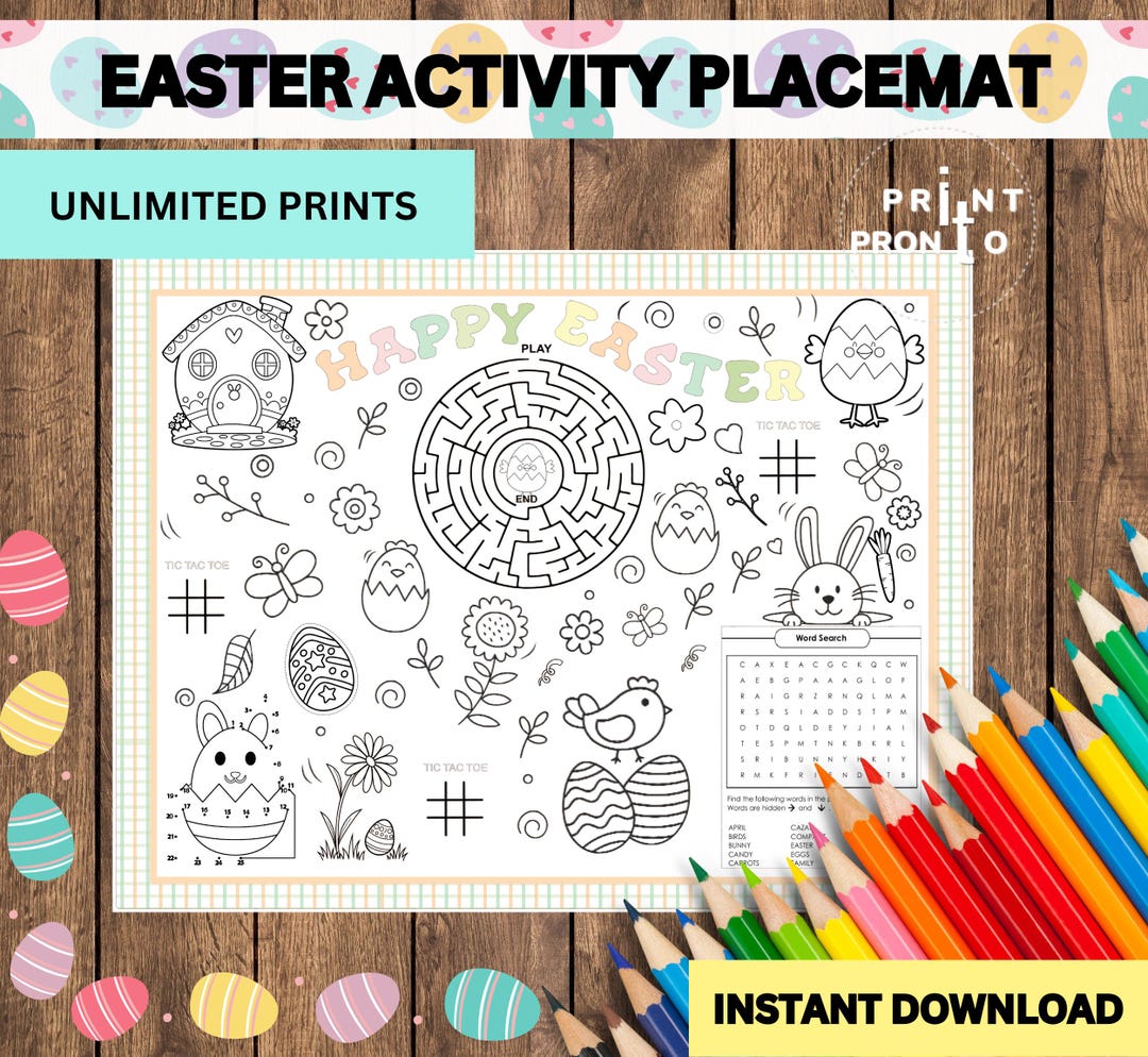 Easter Activity Placemat, Easter Coloring Page, Printable Easter Party ...