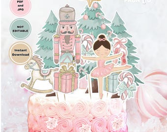 Nutcracker Cake Topper, Christmas Ballet Party Decorations, Pink Nutcracker Birthday Printable Holiday Centerpiece Brown Hair Ballerina 0001