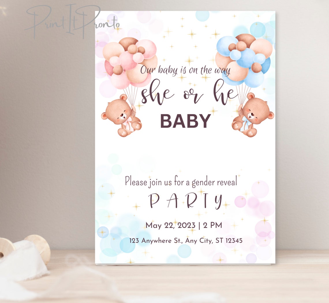 EDITABLE He or She Gender Reveal Teddy Bear Invitation, We Can Bearly ...