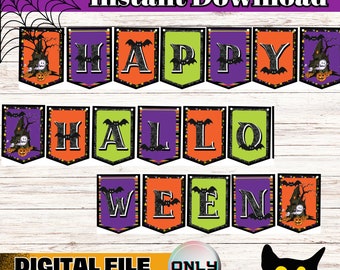 Könnte beinhalten: Ein druckbarer Halloween-Banner mit den Worten "Happy Halloween" in schwarzen Buchstaben auf einem lila, orangefarbenen und grünen Hintergrund. Der Banner zeigt Fledermäuse, Sterne und ein Spukhaus mit einem Geist und Kürbissen.