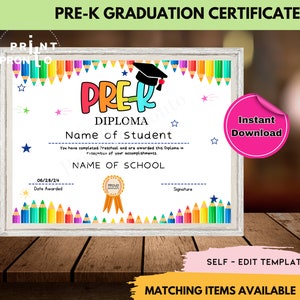 Certificado de preescolar editable, Diploma de graduación, Signo escolar personalizado, Certificado de graduación de preescolar digital personalizado, Pre-K 0010