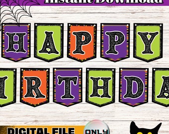 Könnte beinhalten: Halloween-Themen-Banner zum Ausdrucken mit den Worten "Happy Birthday" in schwarzen Buchstaben auf grünem, orangefarbenem und violettem Hintergrund mit Spinnweben und Sternen.