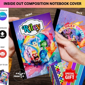 May include: Composition notebook cover with characters from the film "Inside Out". The front cover displays the name "Riley". The back cover has the text "It's Okay to Feel". The design features a colourful, watercolour-style background.