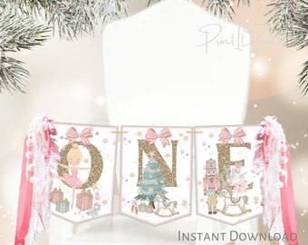 High Chair Banner Nutcracker Birthday Party Decorations, 1st Birthday Christmas Pink, One Nutcracker Ballet High Chair Banner, TEMPLATE 0001