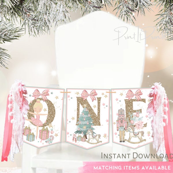 High Chair Banner Nutcracker Birthday Party Decorations, 1st Birthday Christmas Pink, One Nutcracker Ballet High Chair Banner, TEMPLATE 0001