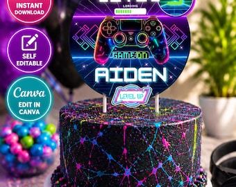 Neon Gamer Cake Topper Video Game Birthday Level Up Party Retro Arcade Gamer Birthday Cake Decoration Gaming Party Arcade Cake Topper