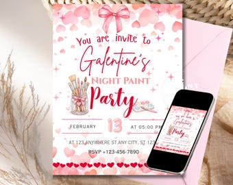 Galentine's Night Paint Party, Galentine's Invitation, Editable, Girls Night, Friends Valentine, Hearts Coquette, Pink and Red Invite