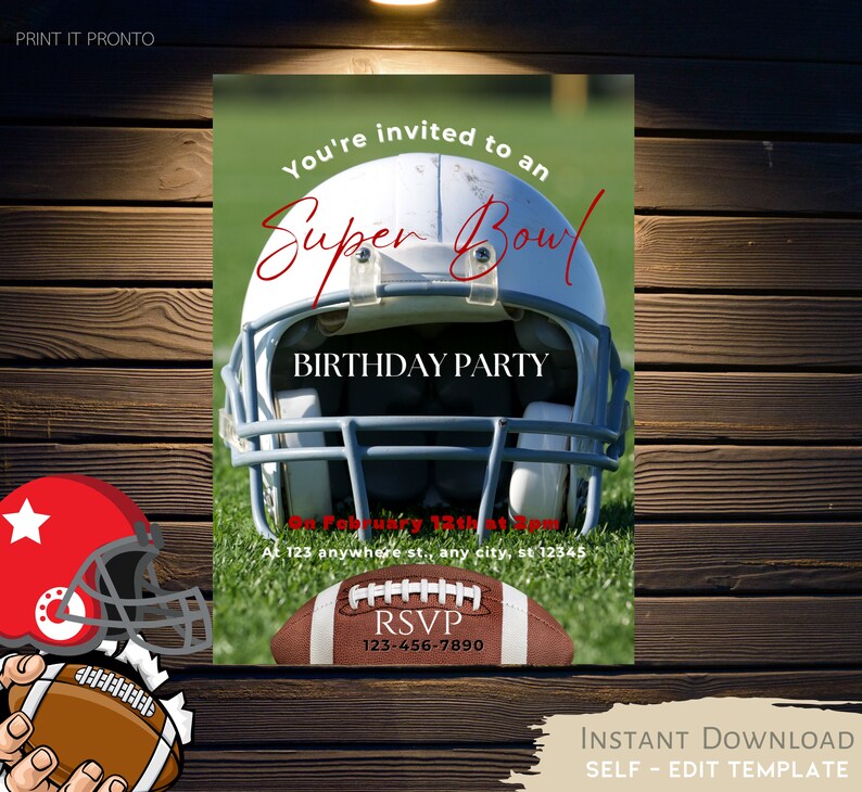 EDITABLE Super Bowl Party Invitation, American Football Birthday Invitation, American Football ...