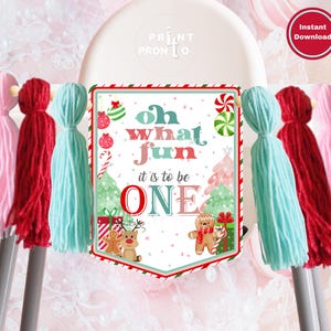 Oh What Fun It Is to Be One Highchair Banner Oh What Fun High Chair Banner, Christmas 1st Birthday, Pink Mint Santa Christmas Birthday 0021