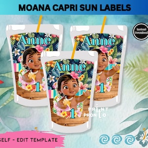 May include: Three Capri Sun labels with a cartoon image of a baby girl wearing a floral lei and the name "Anne". The labels have a tropical theme with the text "MOANA CAPRI SUN LABELS" at the top.