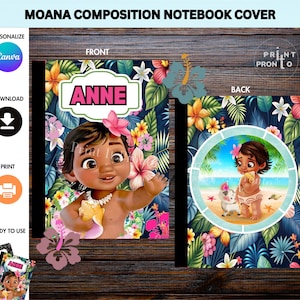 Puede incluir: Una portada de cuaderno de composición con el personaje Moana. La portada tiene el nombre "ANNE" en un marco rosa y blanco, con un fondo floral. La contraportada muestra a Moana en una playa con un cerdo. El título es "MOANA COMPOSITION NOTEBOOK COVER".
