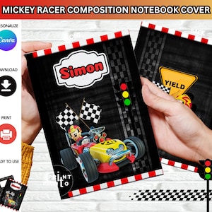May include: Composition notebook cover featuring a race car design with Mickey Mouse driving. The cover is black with red and white accents, a checkered flag, and the name "Simon". The notebook has a "Yield" sign and a traffic light.