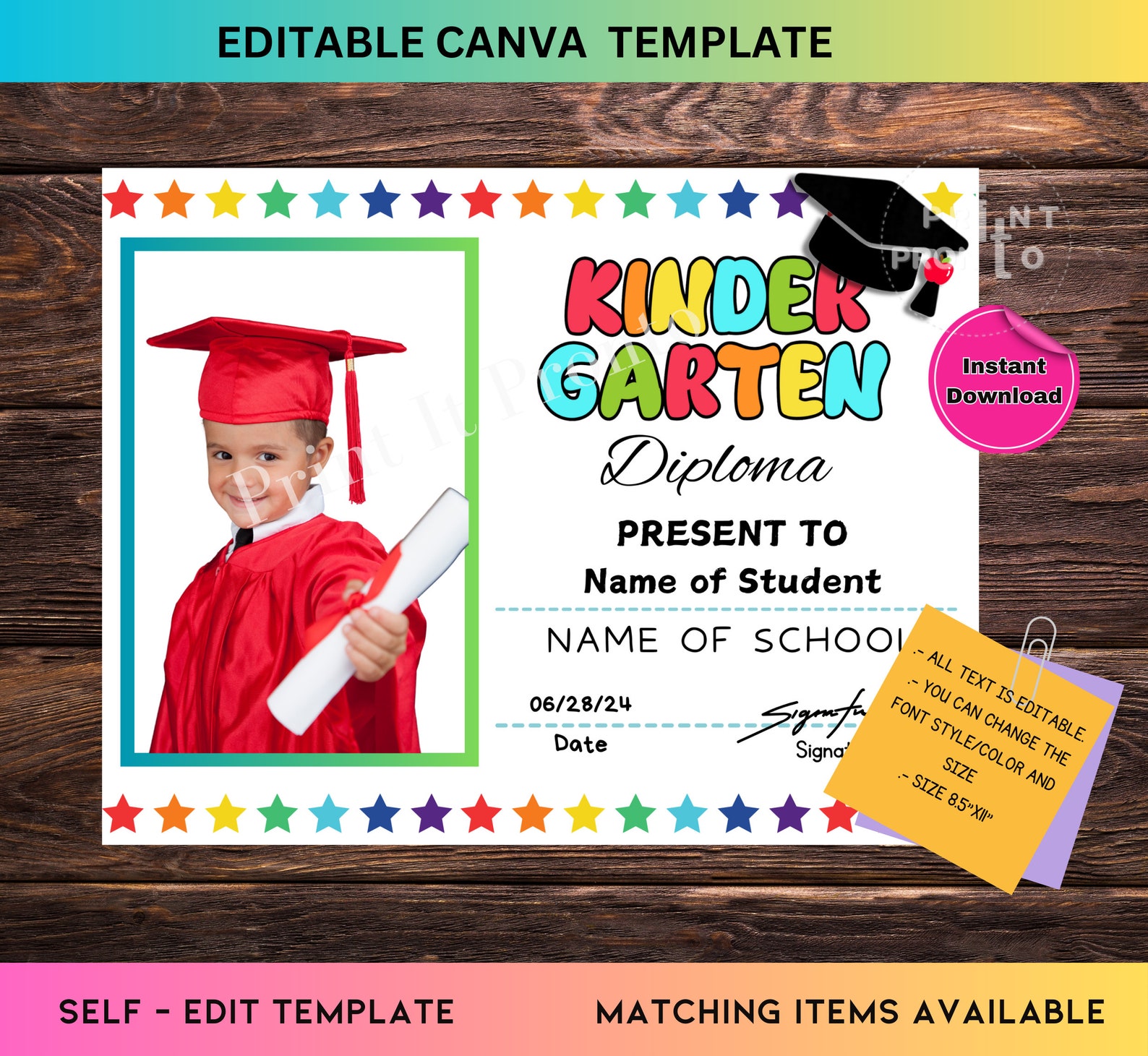 Editable Graduation Certificate With Photo, Preschool Diploma ...