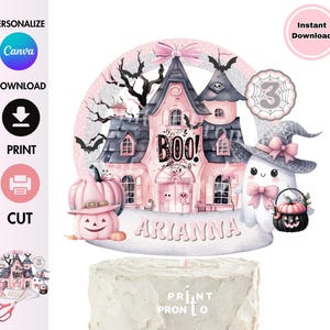 Adorno para tarta de Halloween con fantasma rosa: Decoración de cumpleaños espeluznante (Descarga digital)