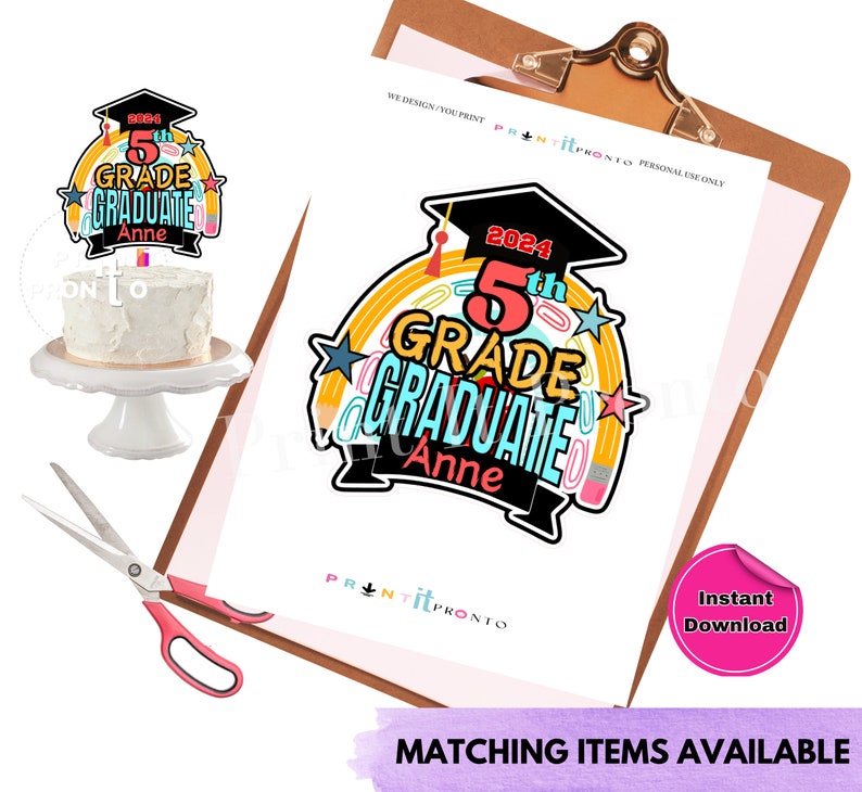 5th Grade Graduation Cake Topper - Gold Glitter '5th Grade Grad' Decor For 2024 Graduation Parties, Cake Decorations For Kids