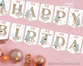 Nutcracker Banner Pink Birthday, Brown Hair Nutcracker Ballet Party Decor, Digital Christmas Pink Party, Winter Wonderland Ballerina 0001