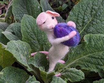 White Mouse with Plum - Hand Felted Figure