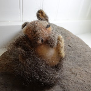 May include: A small, brown and tan, needle felted animal curled up in a ball, resting on a brown rock.