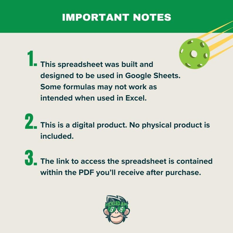 Puede incluir: Texto verde y blanco sobre un fondo verde claro con una ilustraci&oacute;n verde y blanca de una pelota. El texto dice "NOTAS IMPORTANTES" e incluye tres puntos numerados: 1. Esta hoja de c&aacute;lculo se cre&oacute; y dise&ntilde;&oacute; para usarse en Google Sheets. Algunas f&oacute;rmulas pueden no funcionar como se espera cuando se usan en Excel. 2. Este es un producto digital. No se incluye ning&uacute;n producto f&iacute;sico. 3. El enlace para acceder a la hoja de c&aacute;lculo est&aacute; contenido en el PDF que recibir&aacute; despu&eacute;s de la compra.
