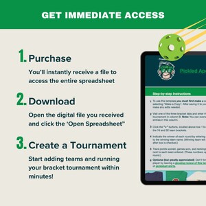 Może przedstawiać: Cyfrowa ilustracja w kolorze zielonym i białym przedstawiająca szablon tabeli turniejowej pickleballa. Tekst "GET IMMEDIATE ACCESS" znajduje się w g&oacute;rnej części obrazu. Tekst "1. Purchase" znajduje się w zielonym polu z białym obramowaniem. Tekst "2. Download" znajduje się w zielonym polu z białym obramowaniem. Tekst "3. Create a Tournament" znajduje się w zielonym polu z białym obramowaniem. Tekst "Step-by-step Instructions" znajduje się w białym polu z zielonym obramowaniem. Tekst "To use this template you must first make a copy..." znajduje się w białym polu z zielonym obramowaniem. Tekst "Visit one of the three bracket tabs and enter the tournament in column B..." znajduje się w białym polu z zielonym obramowaniem. Tekst "Click the '+' buttons, located above row 1 to indicate the 16 and 32 team brackets..." znajduje się w białym polu z zielonym obramowaniem. Tekst "Indicate the winner of each round by entering the winning team name..." znajduje się w białym polu z zielonym obramowaniem. Tekst "Track points scored, games won, and rankings next to each team entered..." znajduje się w białym polu z zielonym obramowaniem. Tekst "Optional (but greatly appreciated): Don't forget to leave a glowing review of this template..." znajduje się w białym polu z zielonym obramowaniem. Obraz zawiera r&oacute;wnież kresk&oacute;wkę małpy w koszulce do pickleballa.