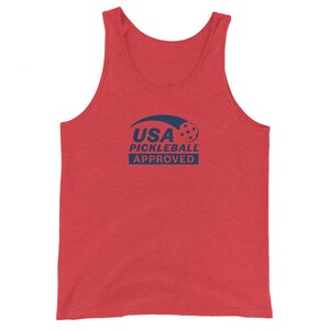 May include: Red tank top with a blue graphic that says "USA Pickleball Approved" and a blue pickleball graphic.