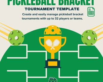 May include: A green and white pickleball bracket template with a yellow trophy and two green pickleballs. The text "PICKLEBALL BRACKET" and "TOURNAMENT TEMPLATE" is at the top of the image. The text "Create and easily manage pickleball bracket tournaments with up to 32 players or teams." is below the title. The text "Powered by Pickled Ape" is at the bottom of the image.